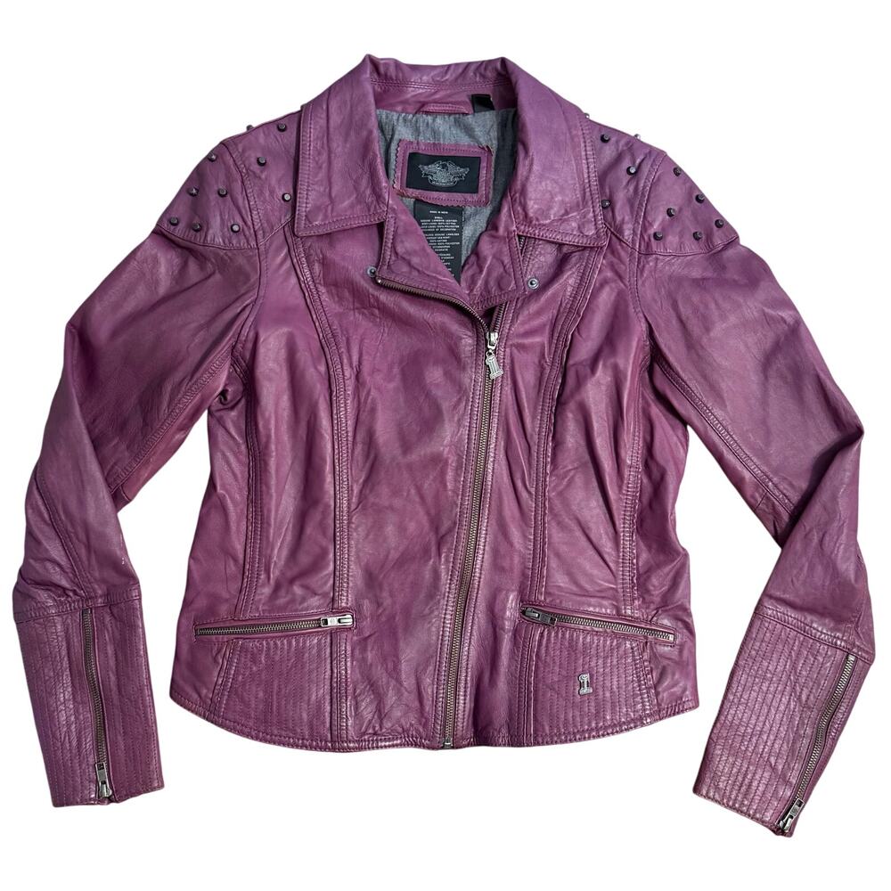 Harley-Davidson Moto Jacket 100% Lambskin Leather Studded Purple Women’s Large